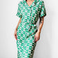 1960s Apple Green and White Patterned Button-Front Belted Knee-Length Dress - M/L