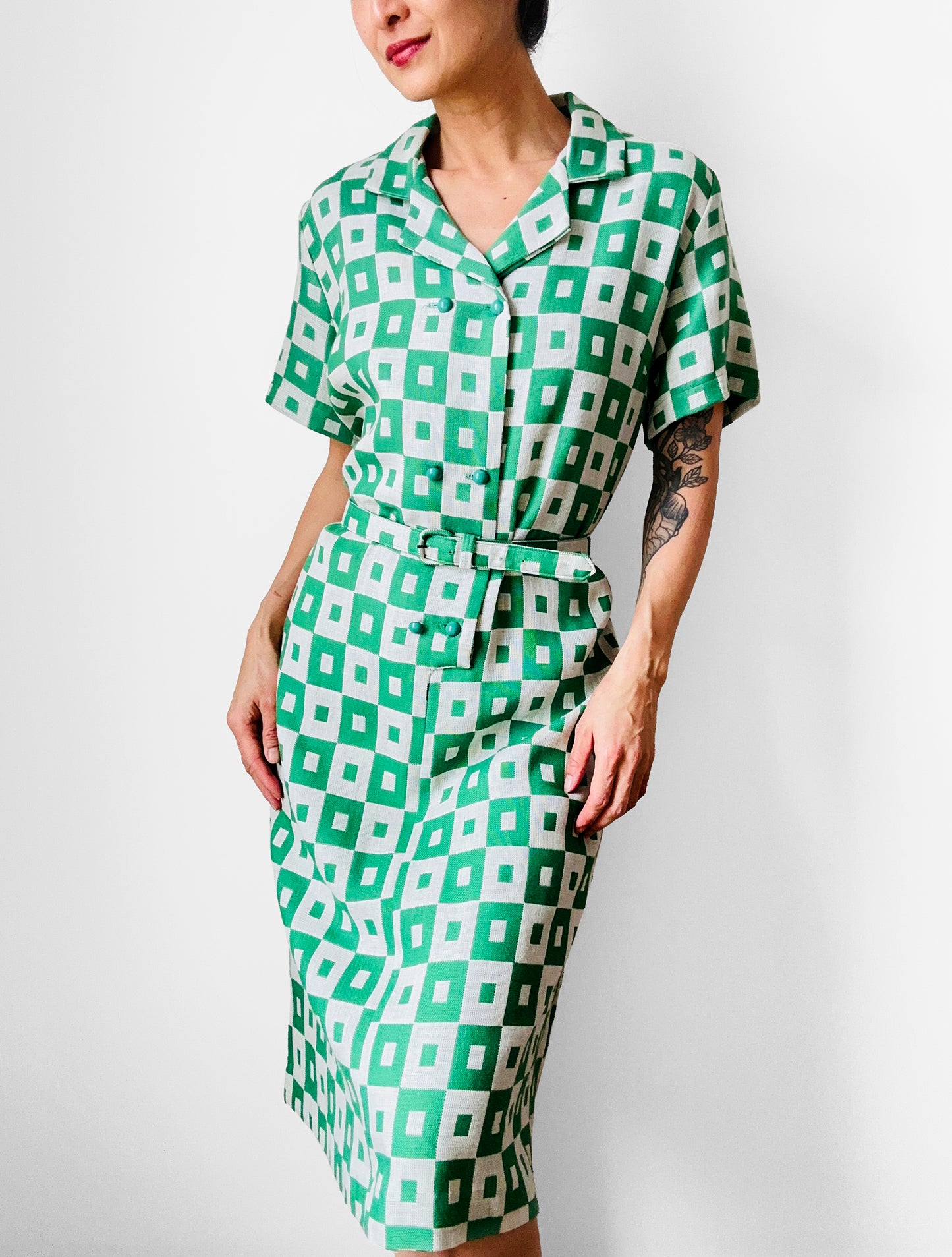 1960s Apple Green and White Patterned Button-Front Belted Knee-Length Dress - M/L