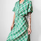 1960s Apple Green and White Patterned Button-Front Belted Knee-Length Dress - M/L