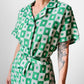 1960s Apple Green and White Patterned Button-Front Belted Knee-Length Dress - M/L