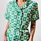 1960s Apple Green and White Patterned Button-Front Belted Knee-Length Dress - M/L