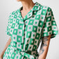 1960s Apple Green and White Patterned Button-Front Belted Knee-Length Dress - M/L