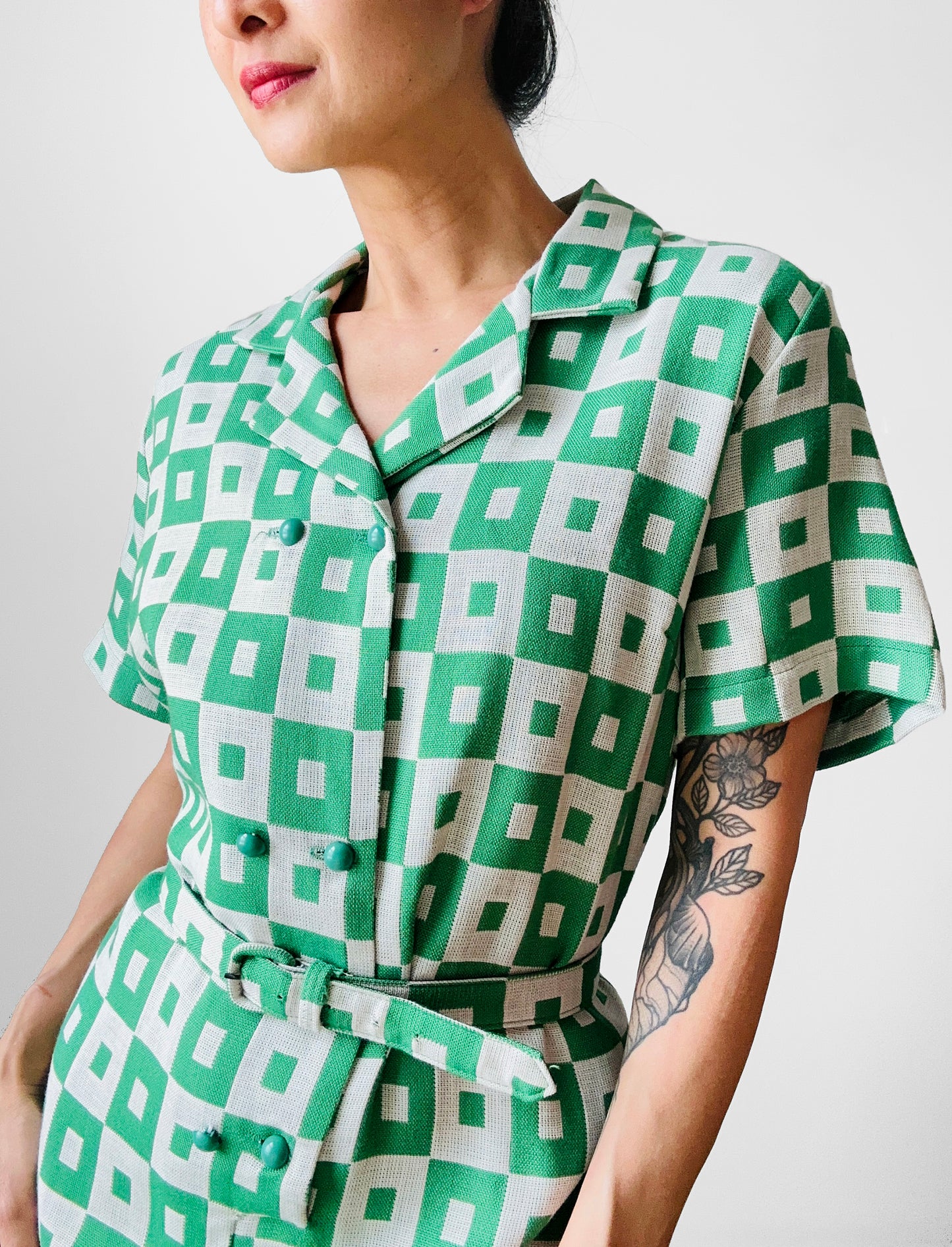 1960s Apple Green and White Patterned Button-Front Belted Knee-Length Dress - M/L