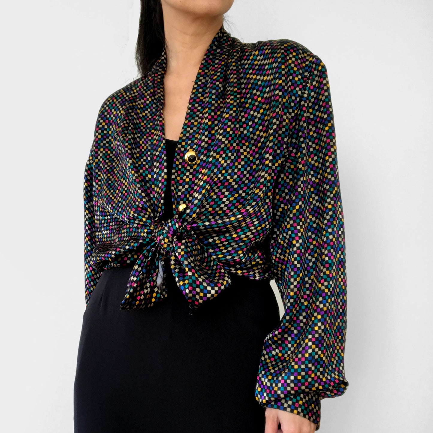 1980s Multi-Coloured Checker Patterned Gold Button Button-Front Blouse