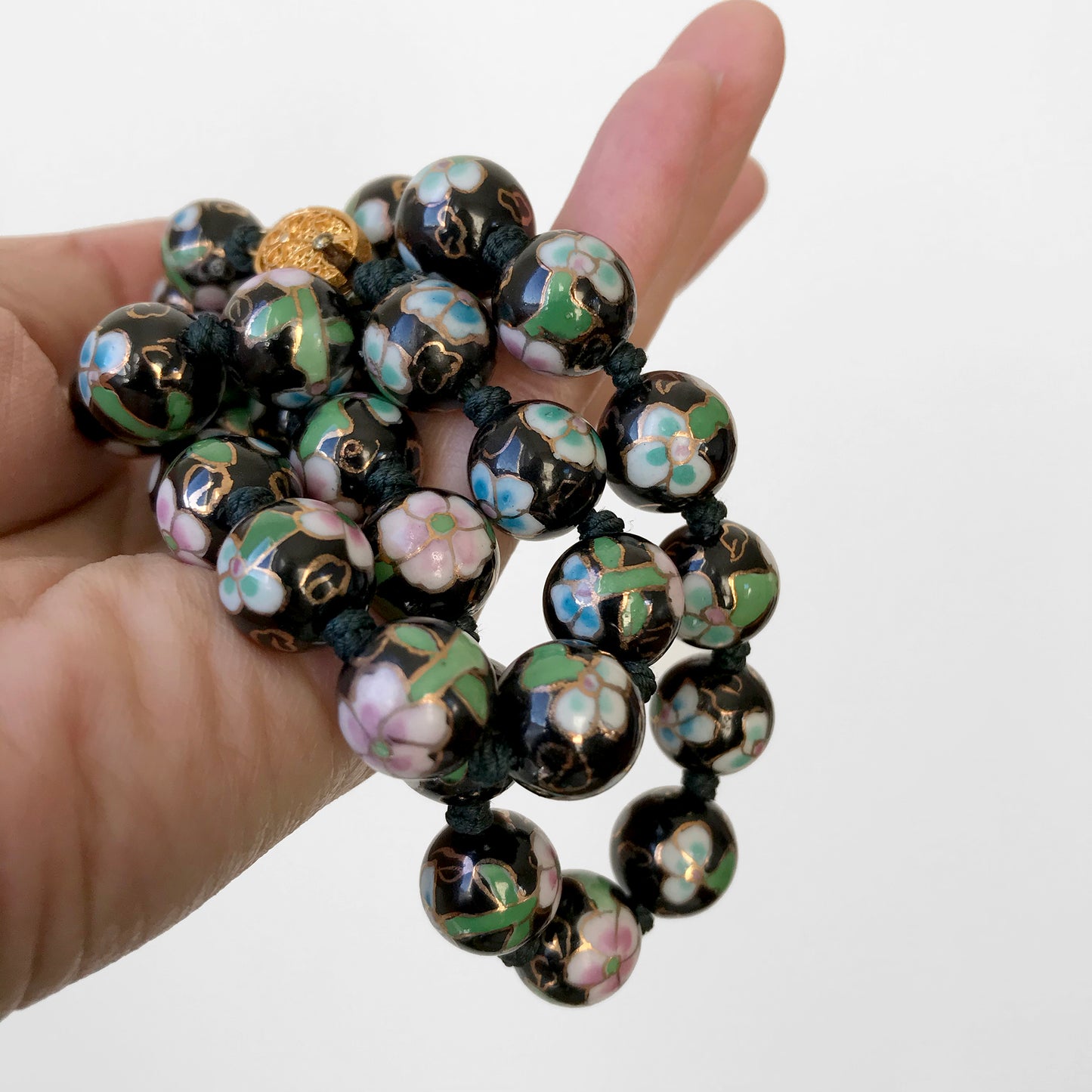 1960s Black Floral Beaded Cloisonne Necklace