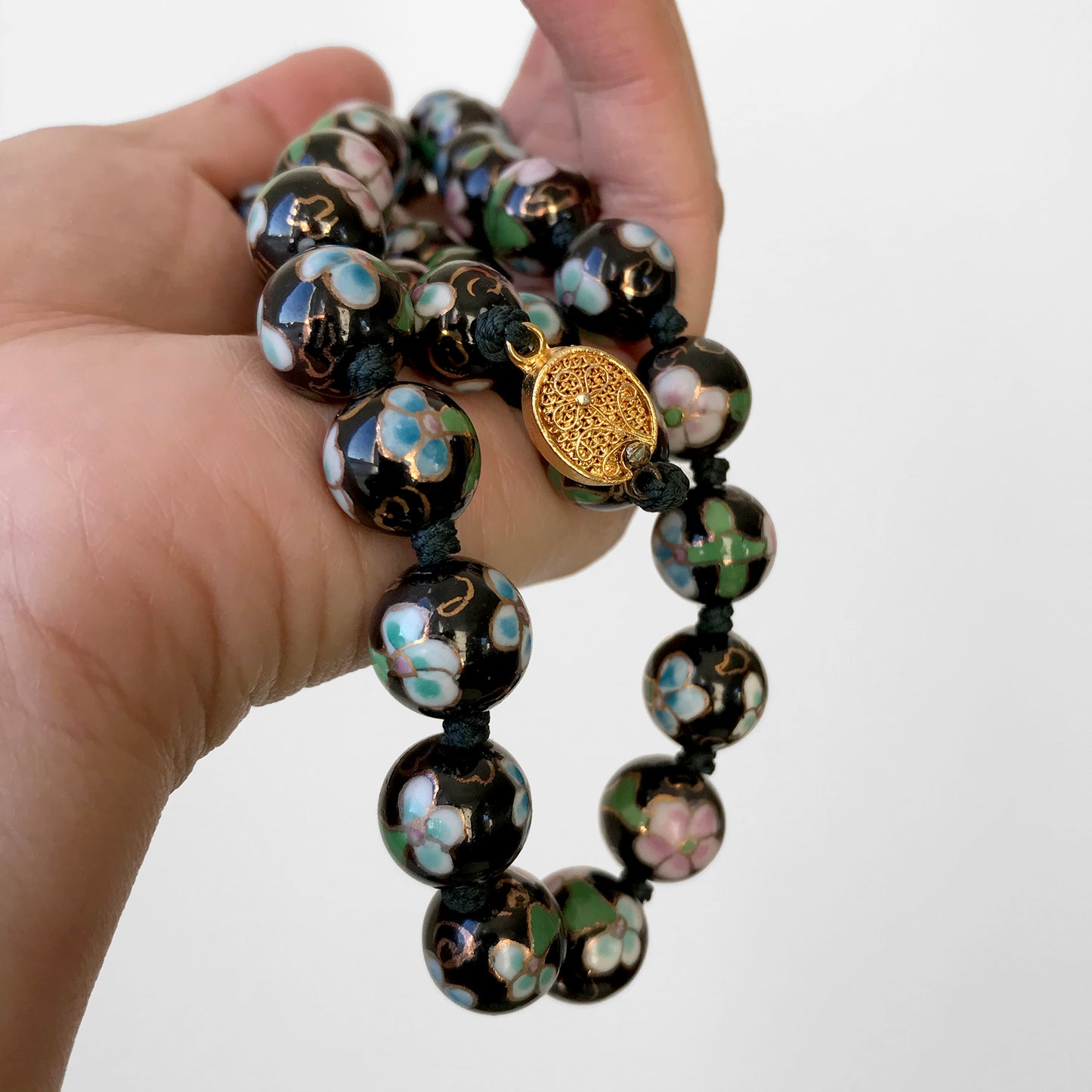 1960s Black Floral Beaded Cloisonne Necklace