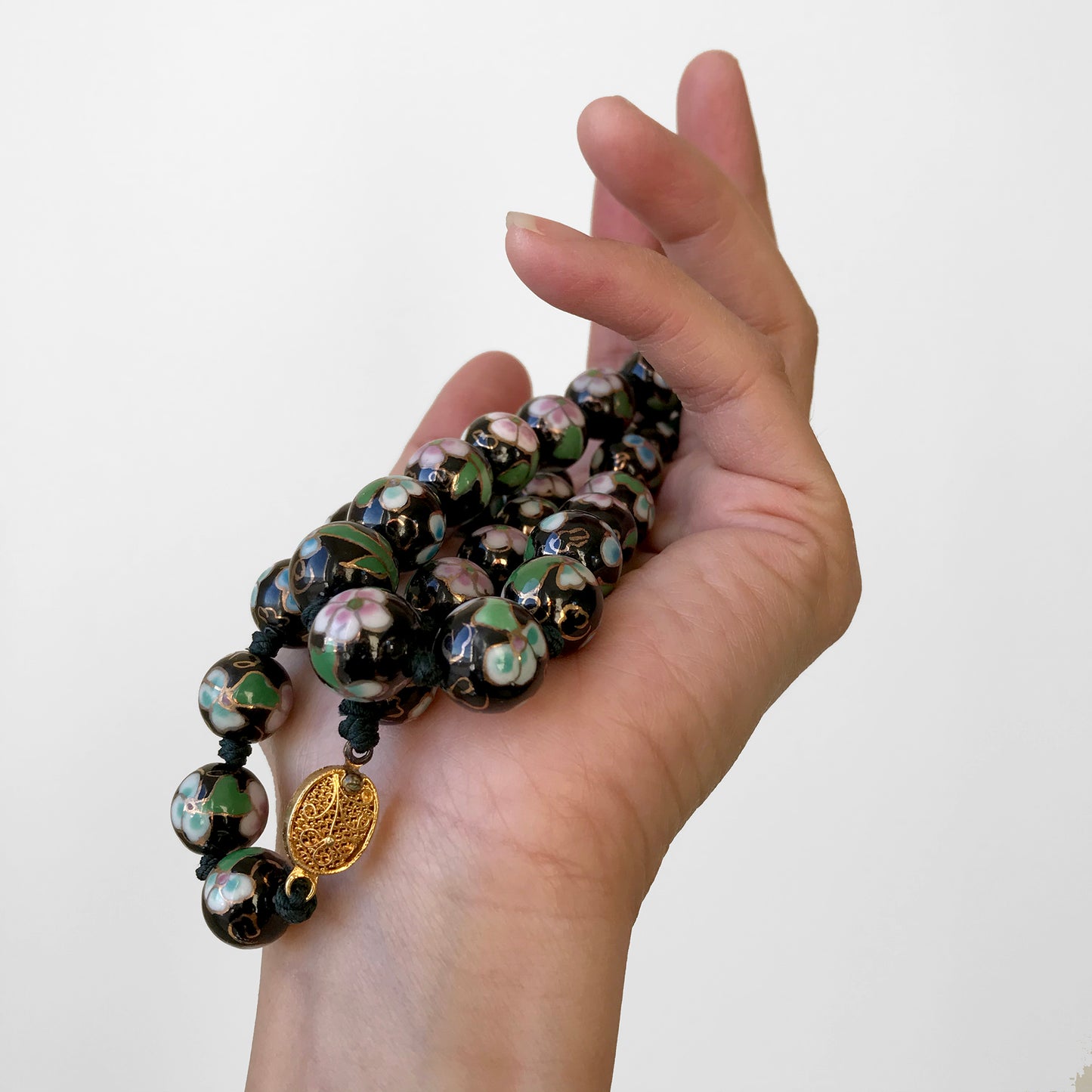 1960s Black Floral Beaded Cloisonne Necklace