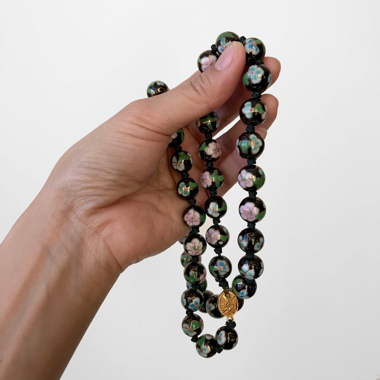 1960s Black Floral Beaded Cloisonne Necklace