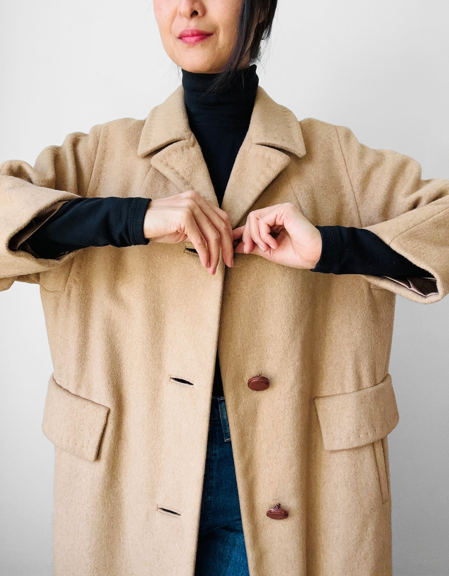 1950s-1960s Made in England Tan Camel Wool Leather Button Shift Coat - Sz. S