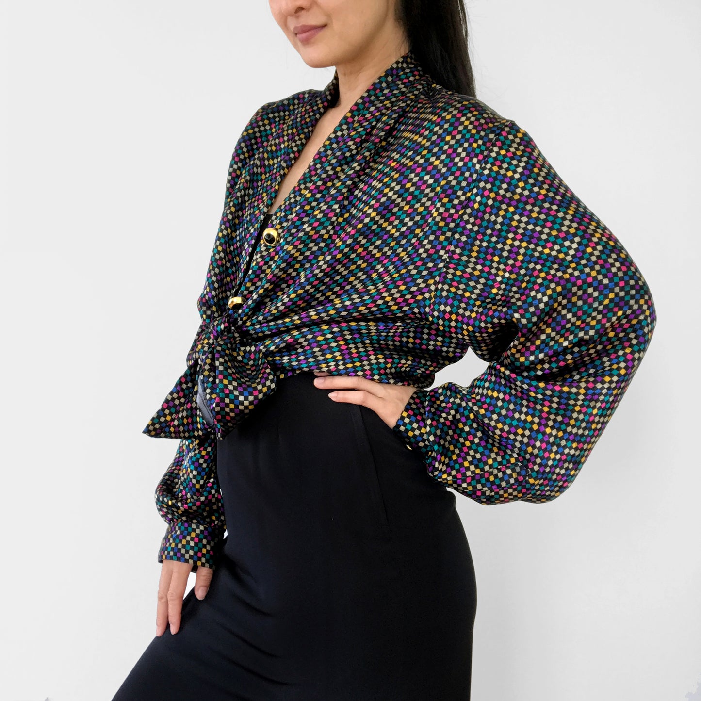 1980s Multi-Coloured Checker Patterned Gold Button Button-Front Blouse