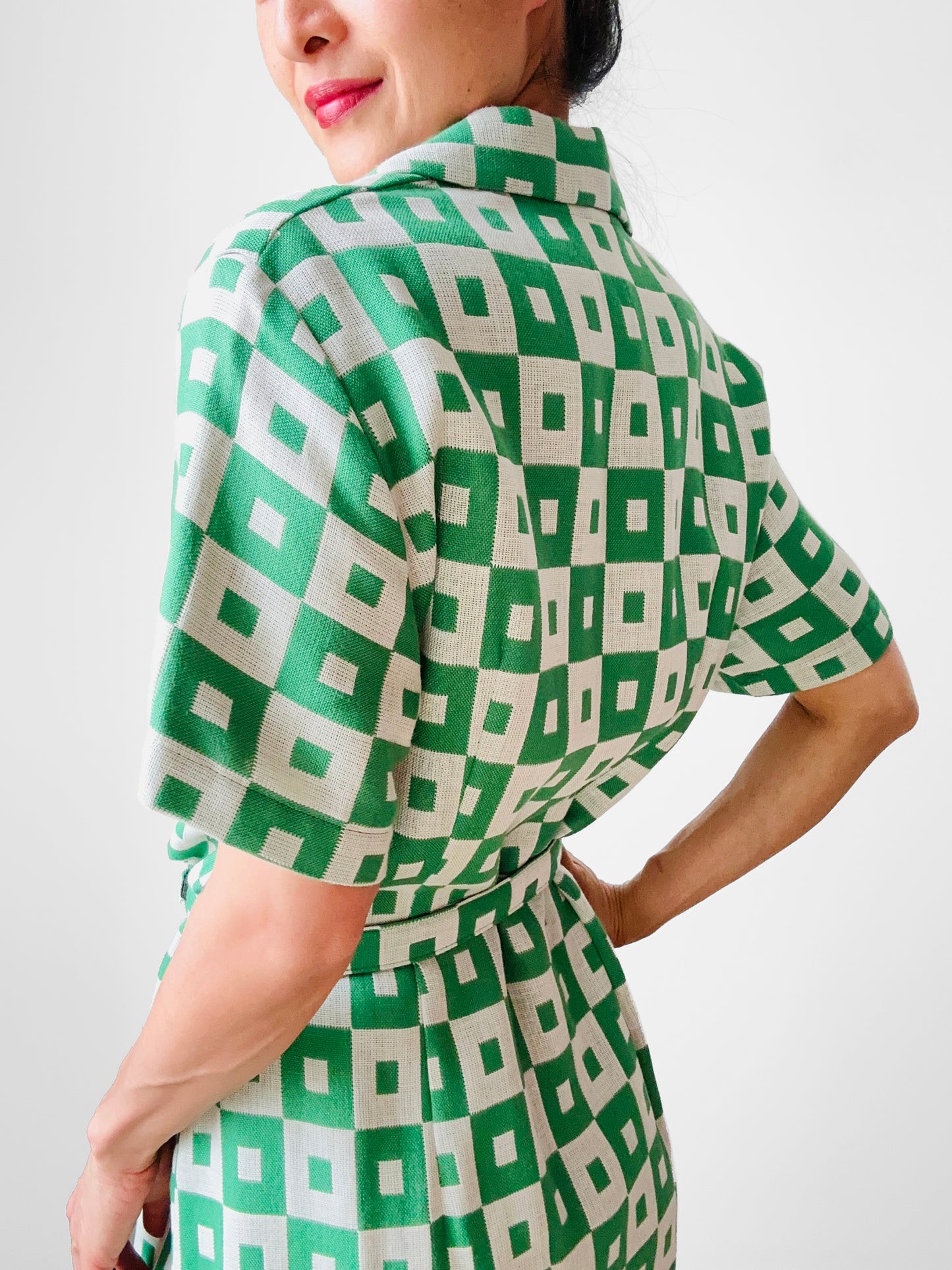 1960s Apple Green and White Patterned Button-Front Belted Knee-Length Dress - M/L