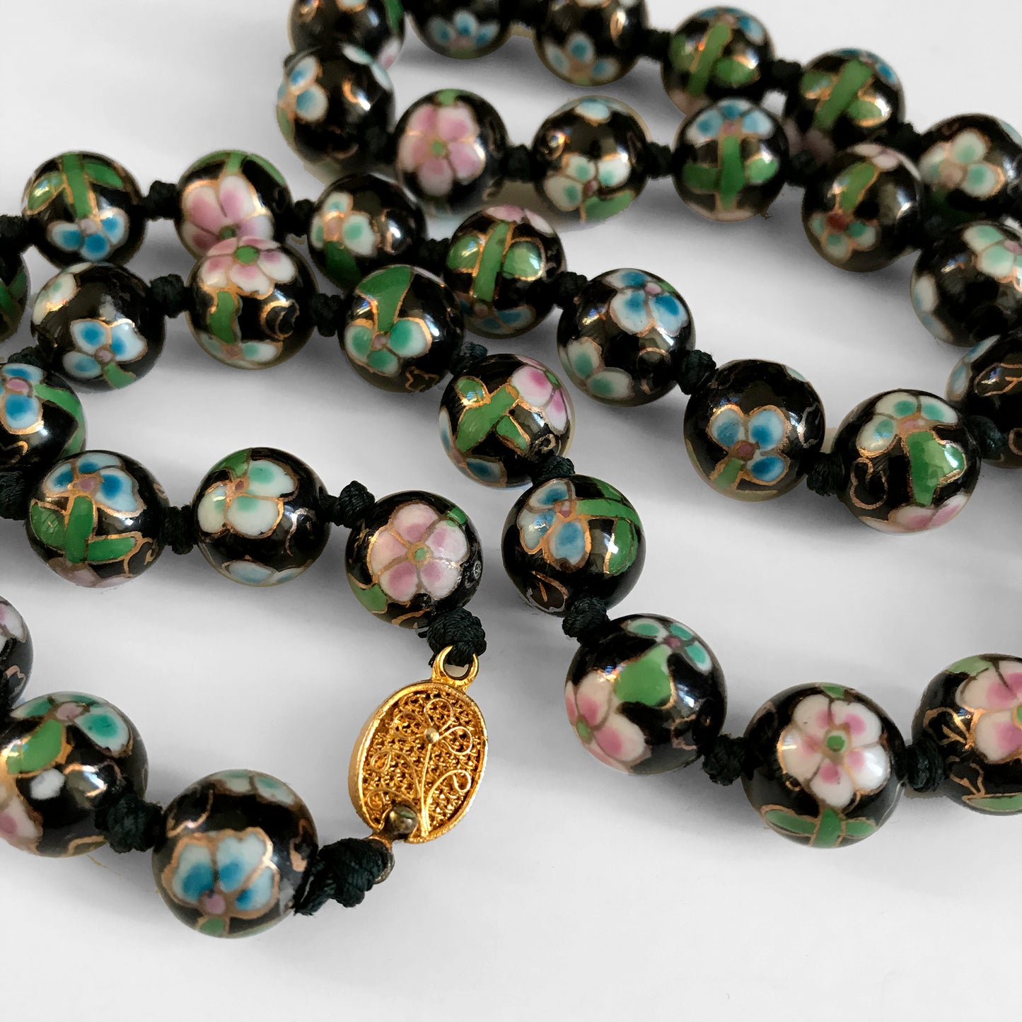 1960s Black Floral Beaded Cloisonne Necklace