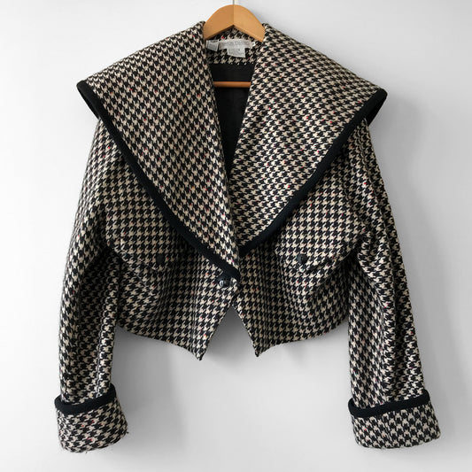 1980s Houndstooth Exaggerated-Collar Crop Blazer Jacket