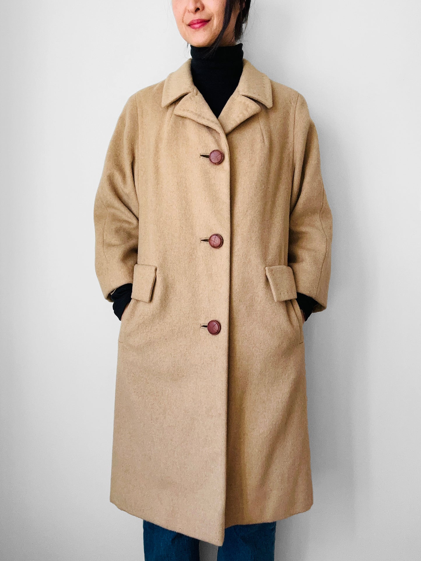 1950s-1960s Made in England Tan Camel Wool Leather Button Shift Coat - Sz. S