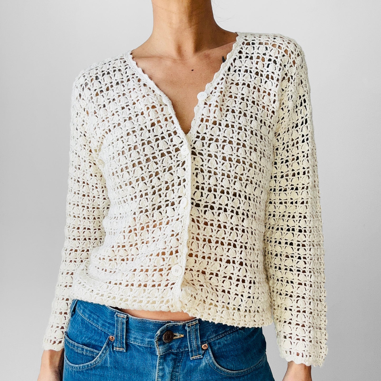 1970s Button Front Cream Crochet Boho Cardigan Top