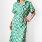 1960s Apple Green and White Patterned Button-Front Belted Knee-Length Dress - M/L