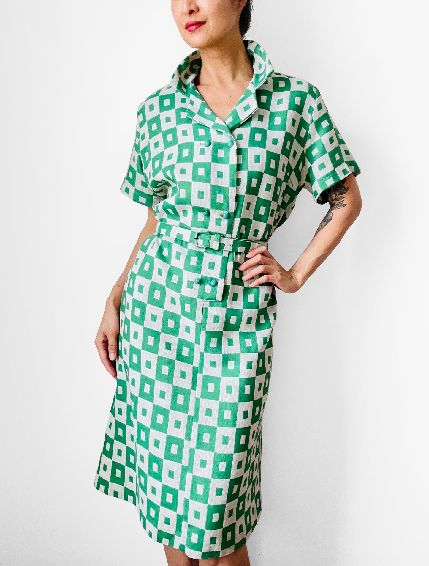 1960s Apple Green and White Patterned Button-Front Belted Knee-Length Dress - M/L