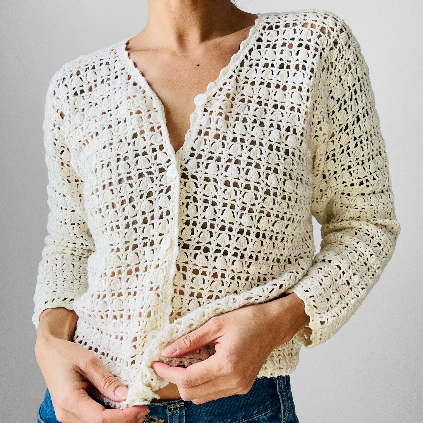 1970s Button Front Cream Crochet Boho Cardigan Top