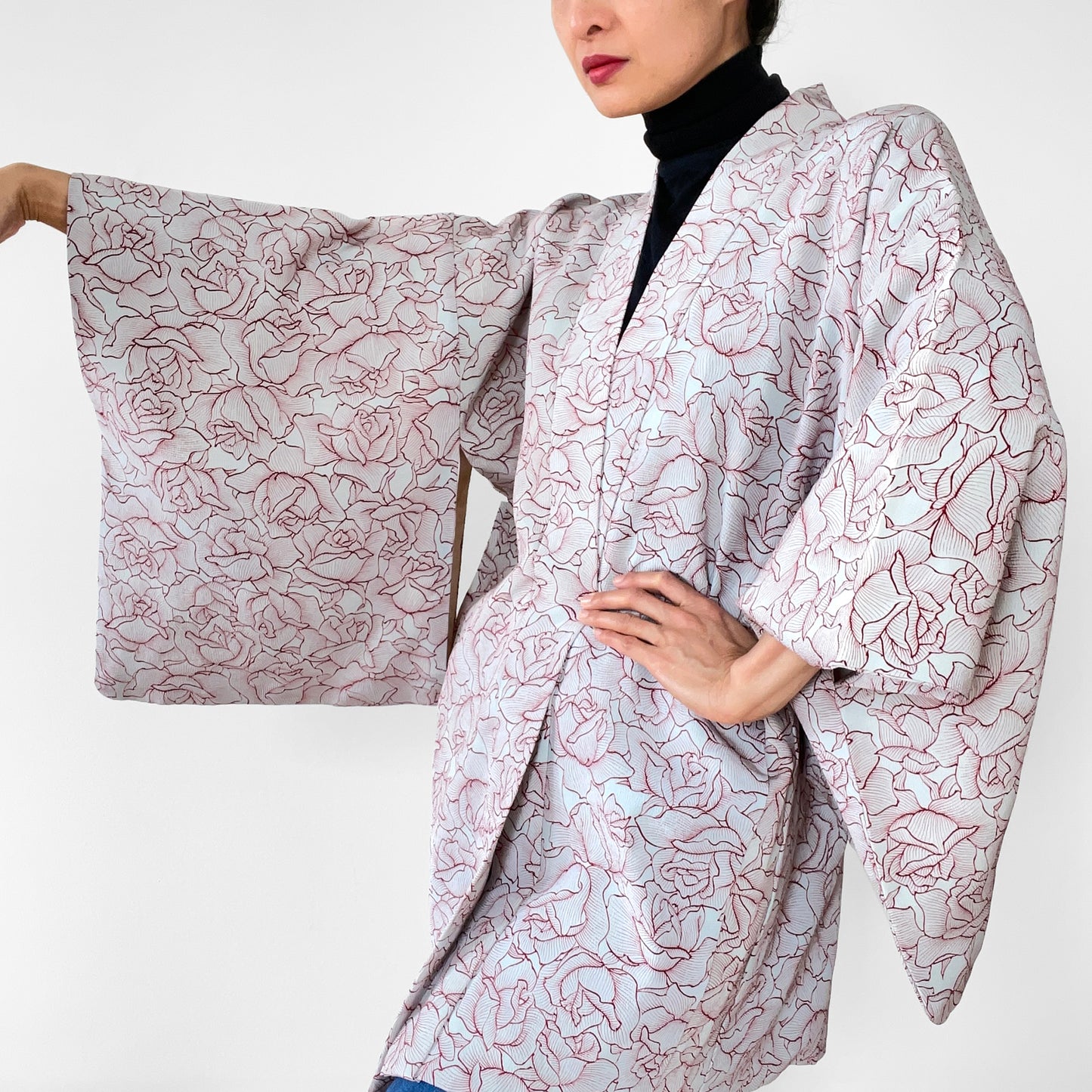 Rose Patterned Silk-Crepe Kimono Haori Jacket