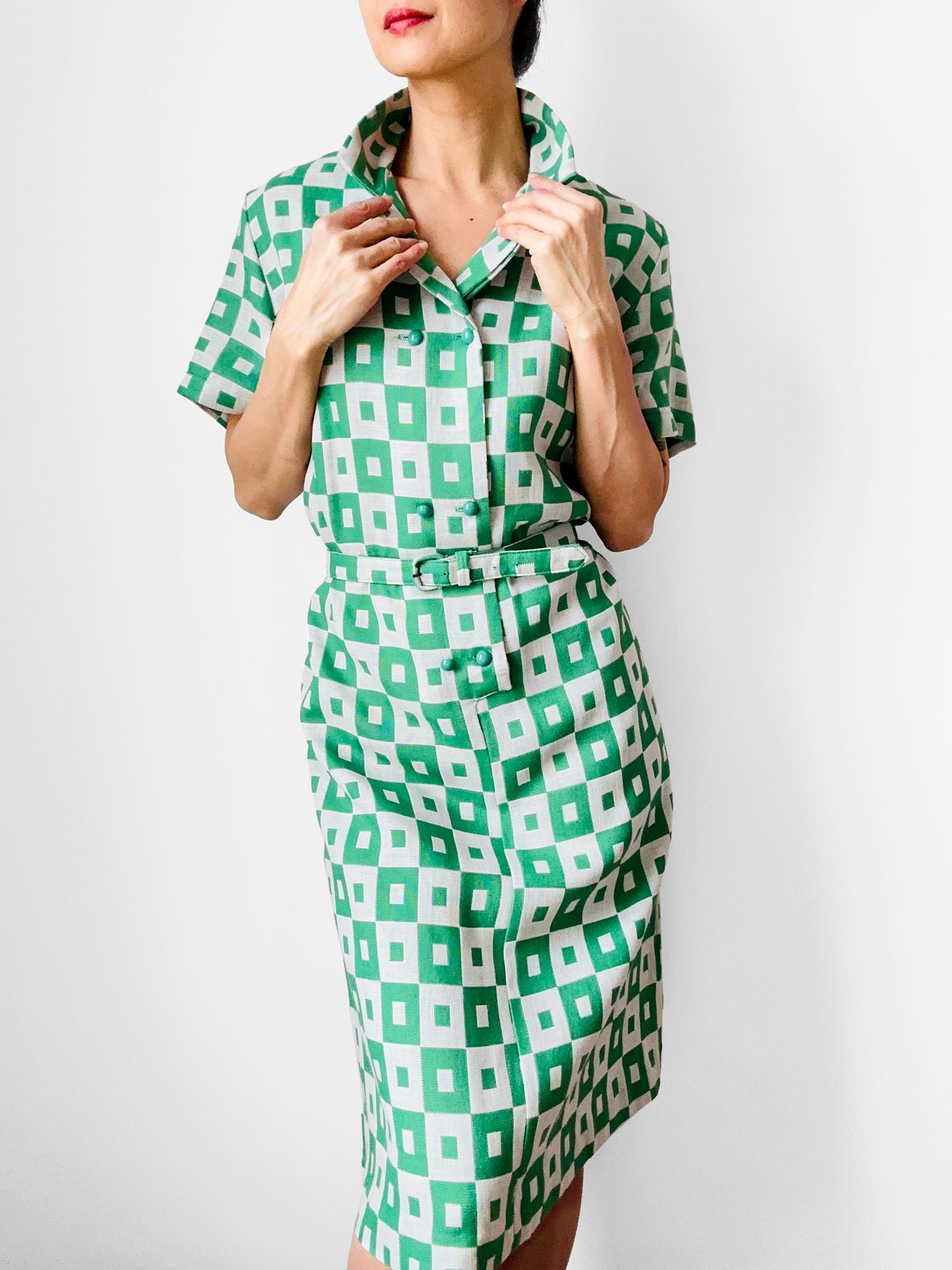 1960s Apple Green and White Patterned Button-Front Belted Knee-Length Dress - M/L