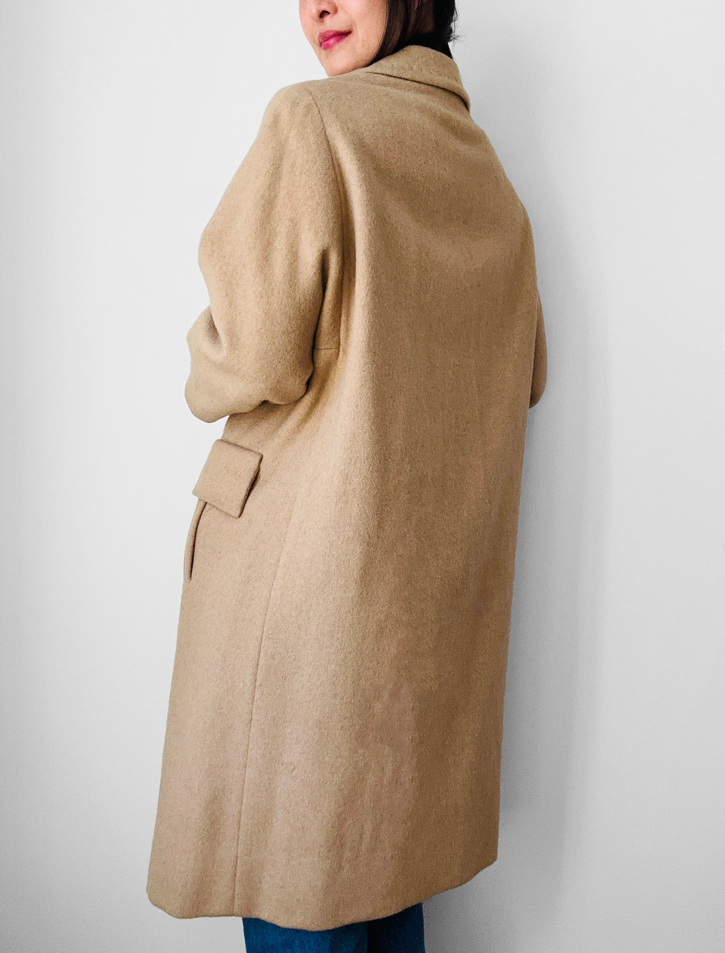 1950s-1960s Made in England Tan Camel Wool Leather Button Shift Coat - Sz. S