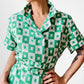 1960s Apple Green and White Patterned Button-Front Belted Knee-Length Dress - M/L