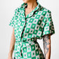 1960s Apple Green and White Patterned Button-Front Belted Knee-Length Dress - M/L