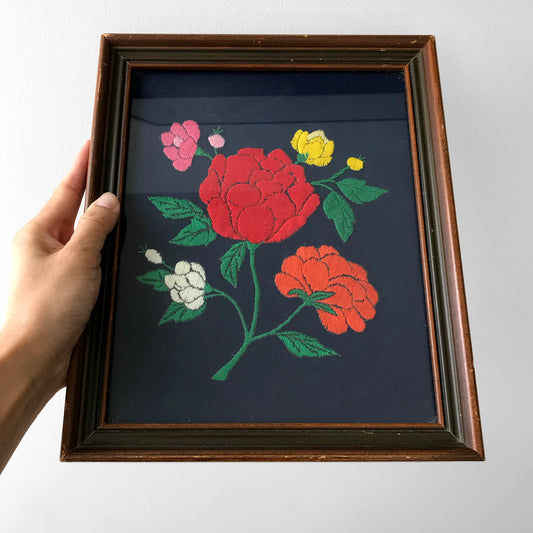 1950s Wood Framed Floral Embroidered Wall-Hanging