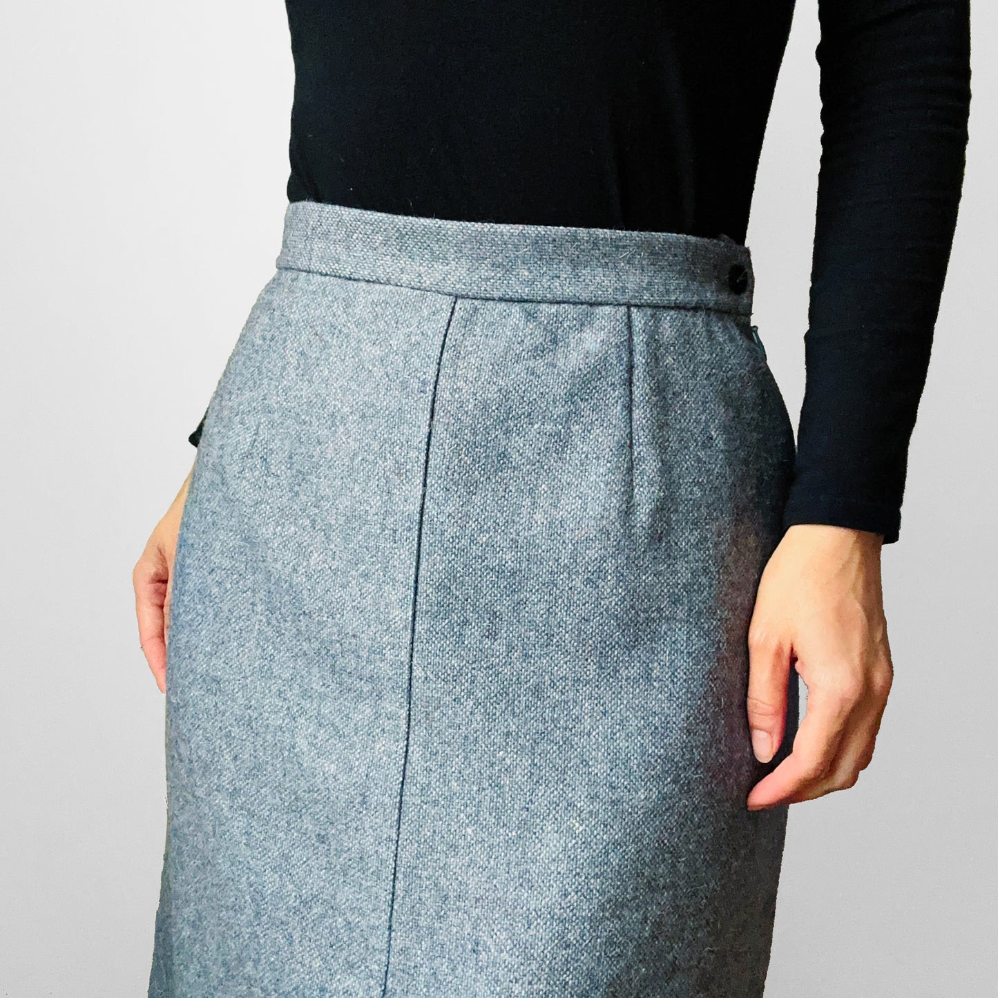 1960s Slate Blue Grey Split Front Midi Length Wool Tweed A-Line Skirt - Waist 25.5