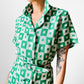 1960s Apple Green and White Patterned Button-Front Belted Knee-Length Dress - M/L