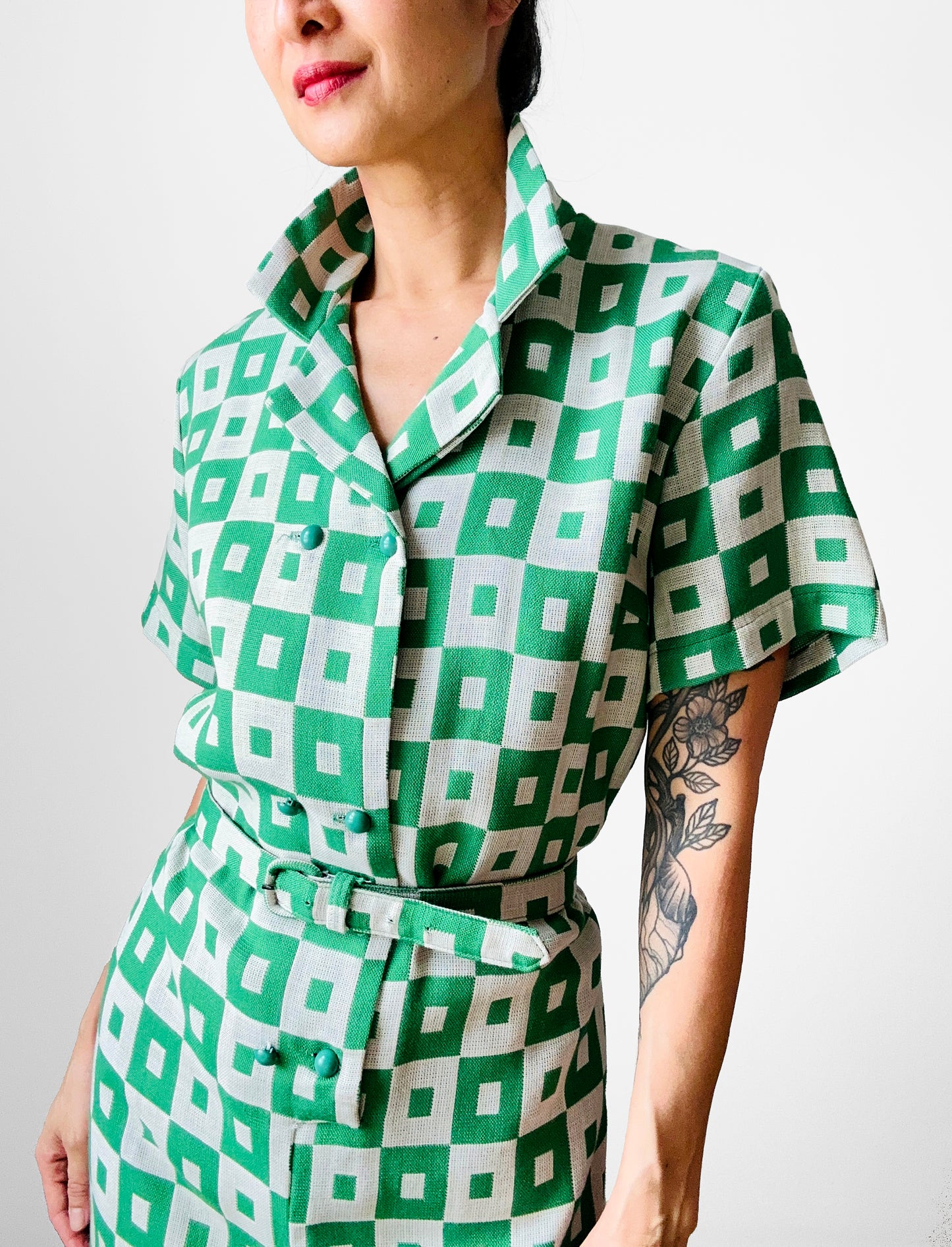 1960s Apple Green and White Patterned Button-Front Belted Knee-Length Dress - M/L