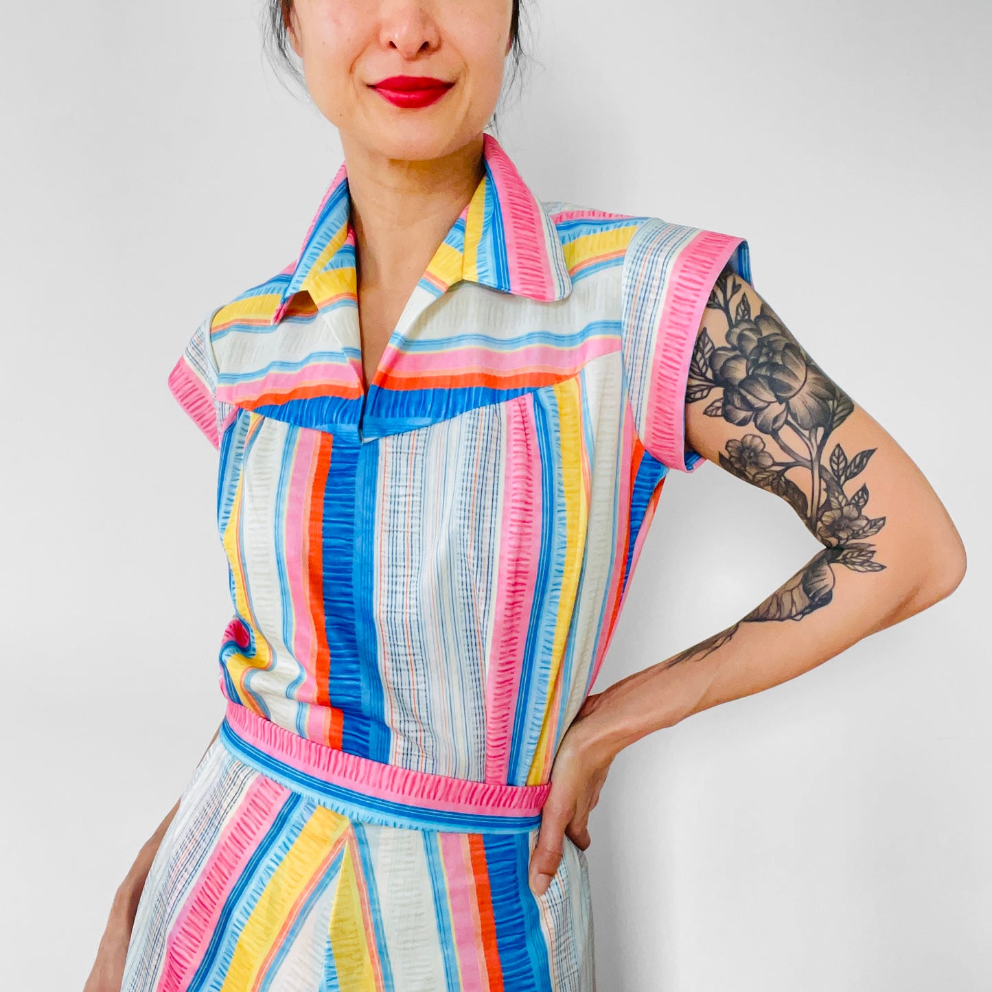 1970s Candy Striped Two-Piece Skirt and Belted Top