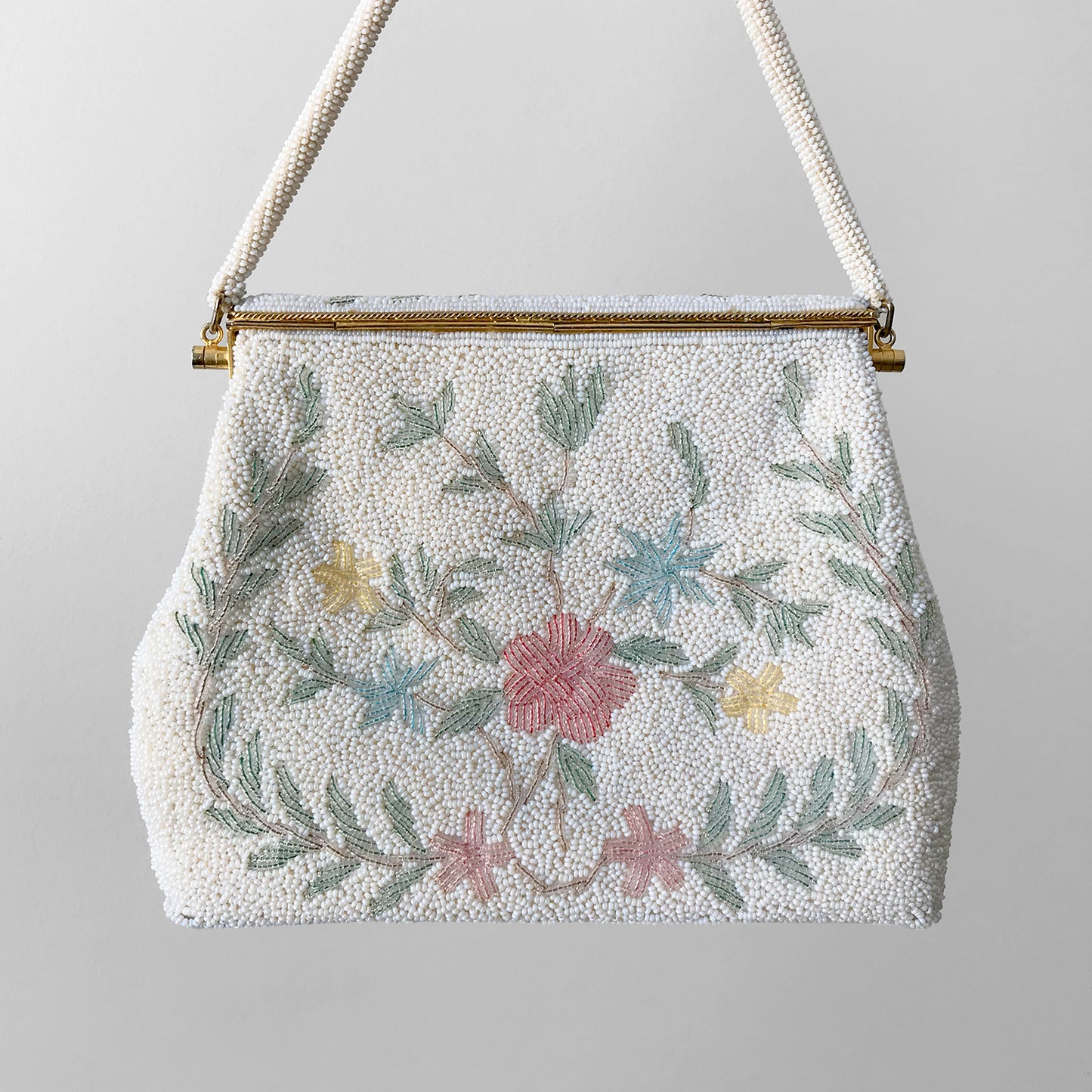 1950s Floral Beaded Top-Handle Handbag Evening Purse