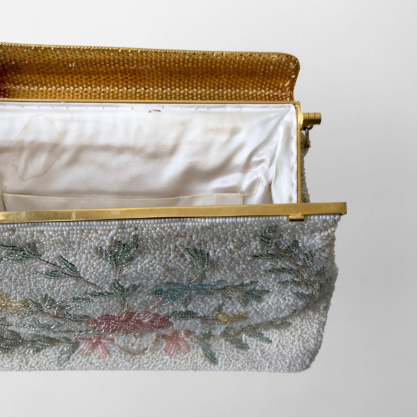 1950s Floral Beaded Top-Handle Handbag Evening Purse