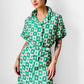 1960s Apple Green and White Patterned Button-Front Belted Knee-Length Dress - M/L