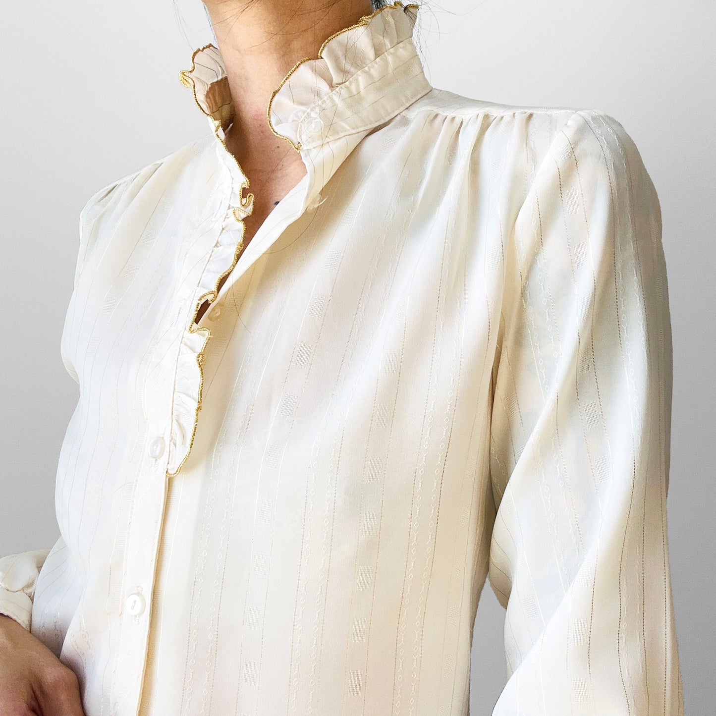 1970s Made in Canada Cream and Gold Piped Stripe Patterned Fitted Blouse - XXS / XS