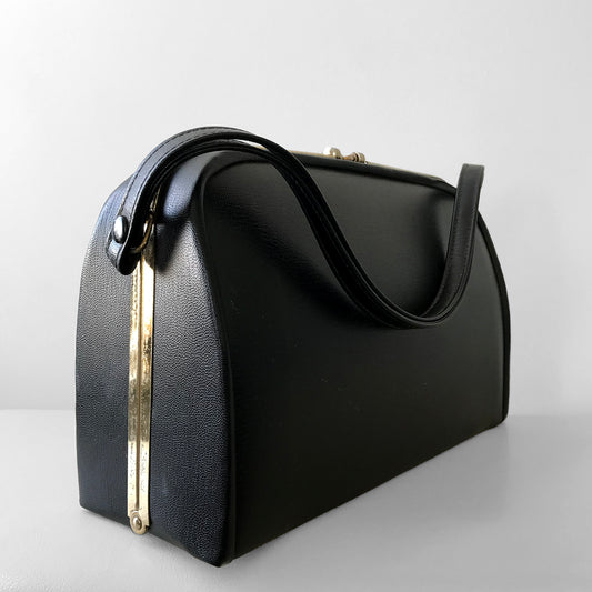 1960s Black Structured Leather Handbag