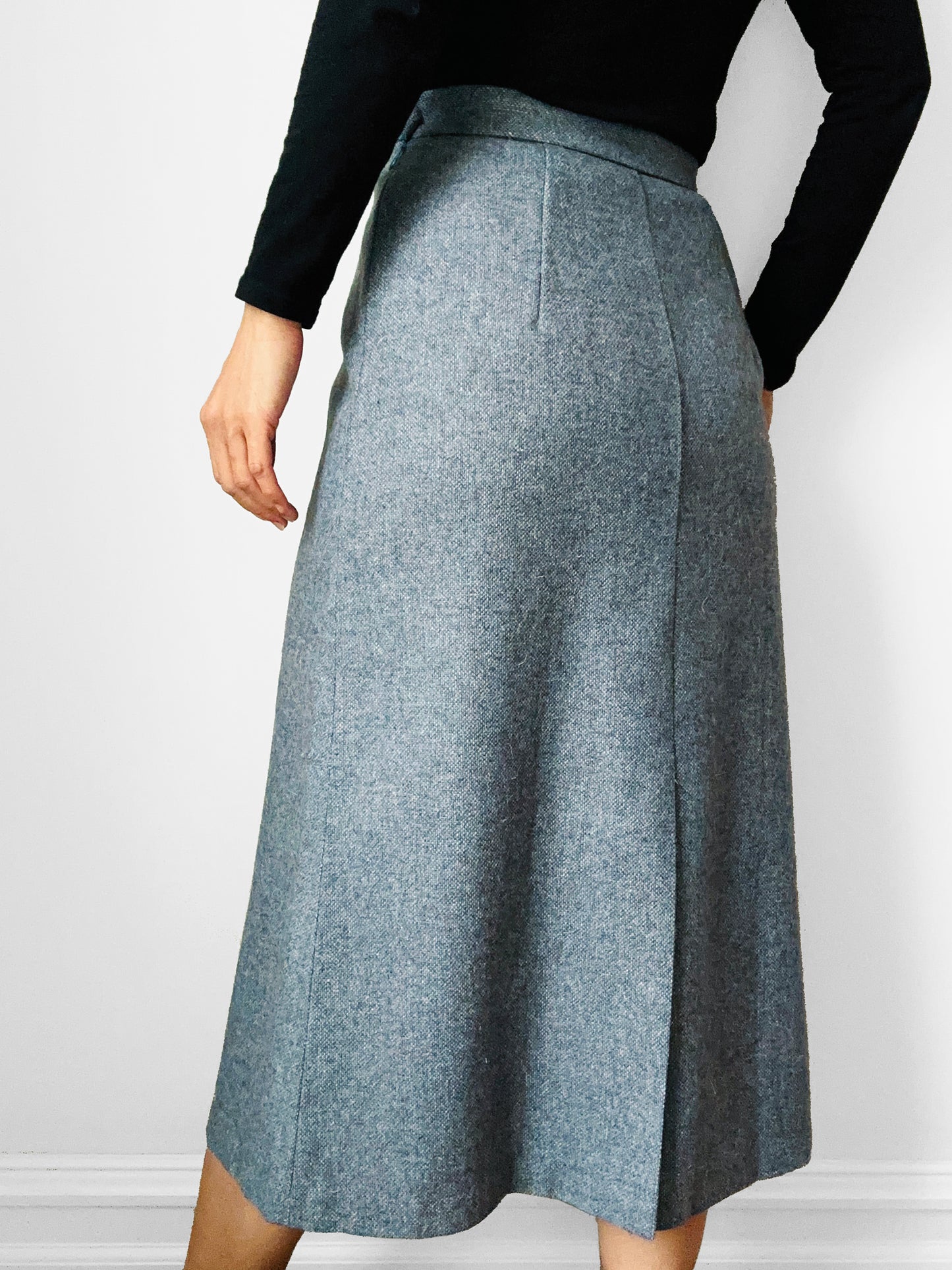 1960s Slate Blue Grey Split Front Midi Length Wool Tweed A-Line Skirt - Waist 25.5