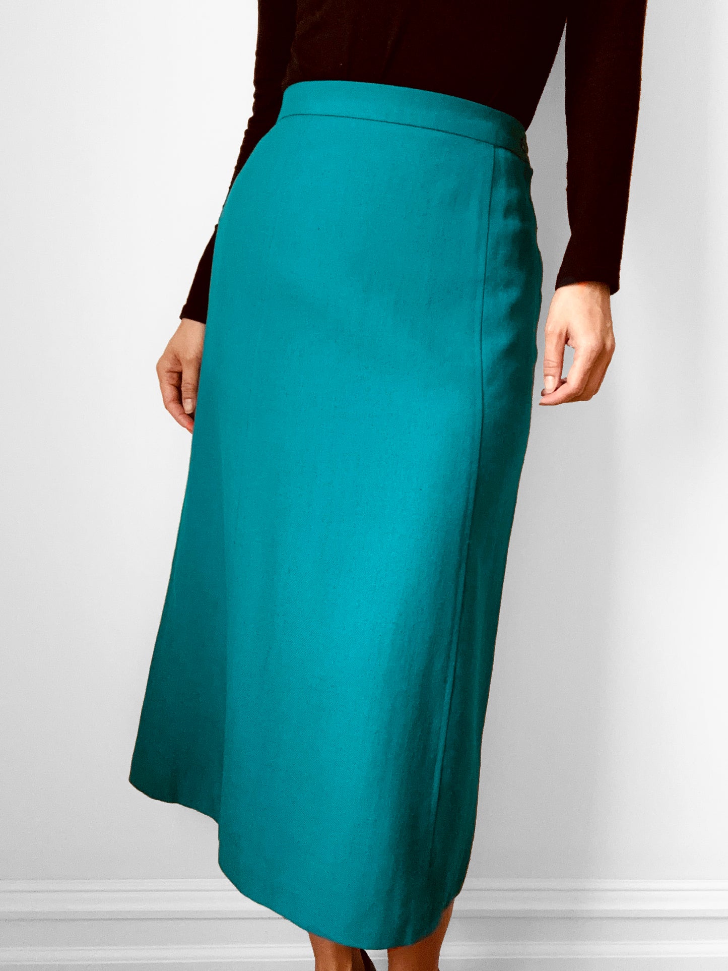 1970s Green Turquoise Pure Virgin Wool Pleated Hem Midi-Length Skirt - Waist 25