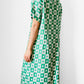 1960s Apple Green and White Patterned Button-Front Belted Knee-Length Dress - M/L