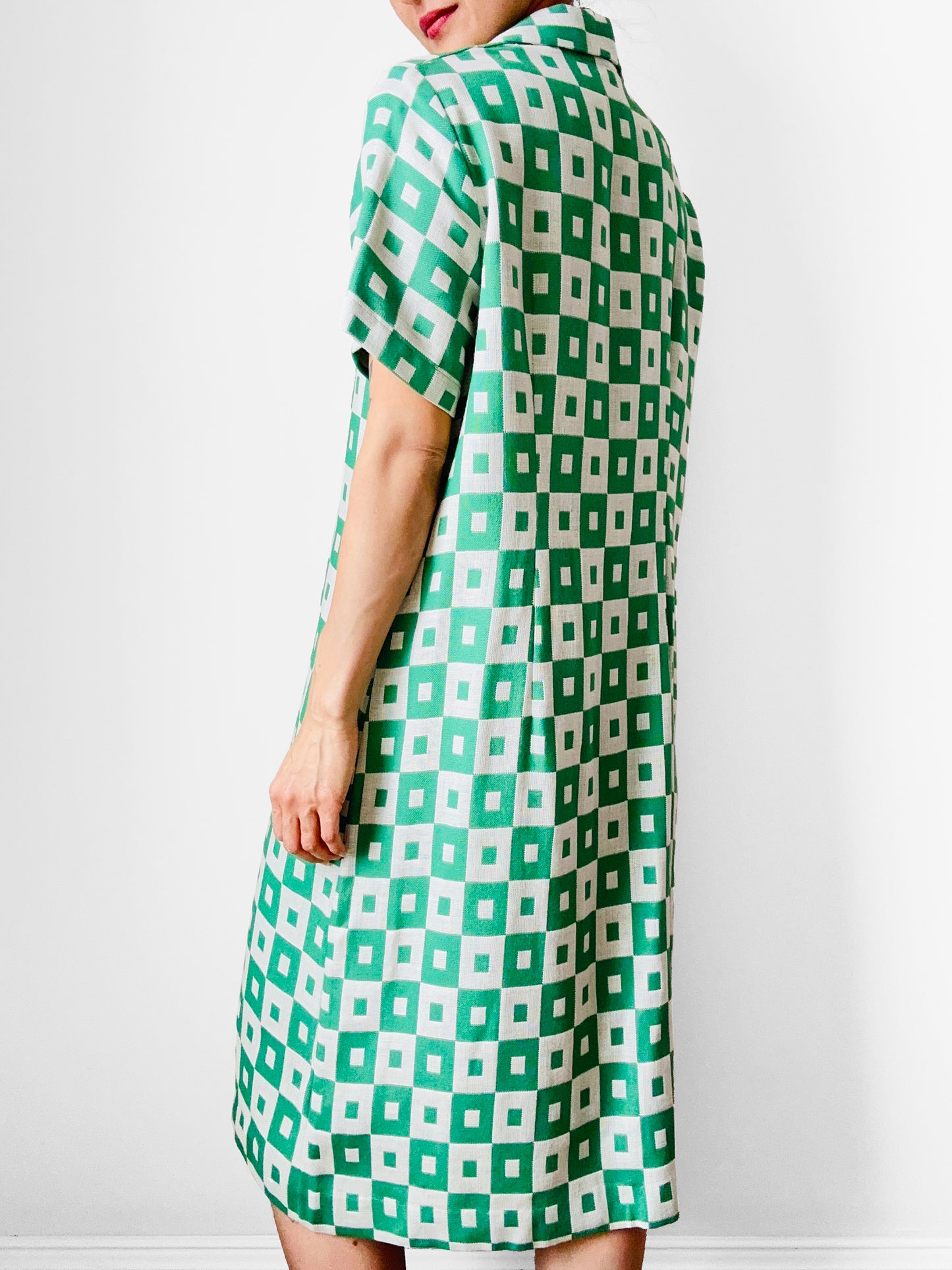 1960s Apple Green and White Patterned Button-Front Belted Knee-Length Dress - M/L