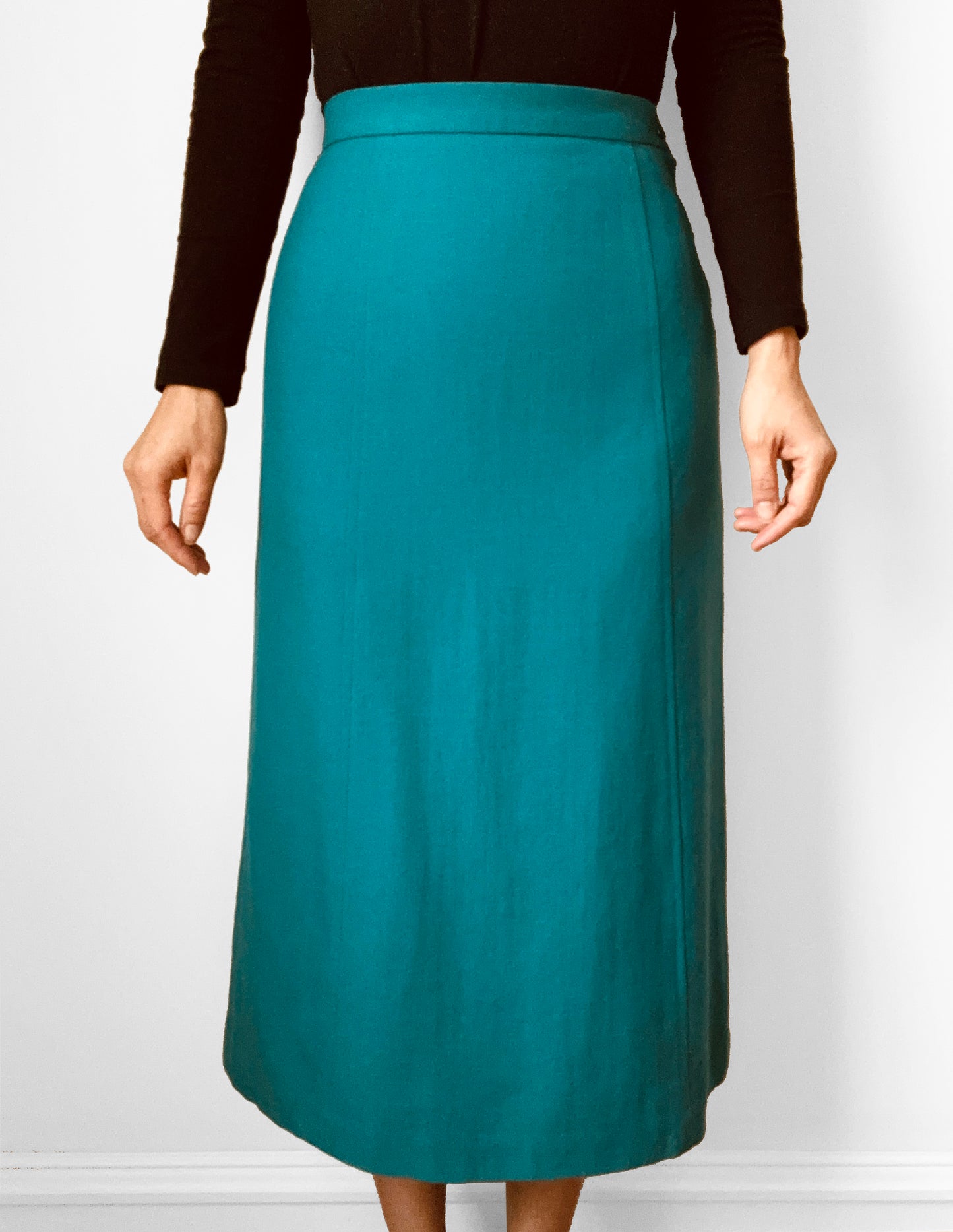 1970s Green Turquoise Pure Virgin Wool Pleated Hem Midi-Length Skirt - Waist 25