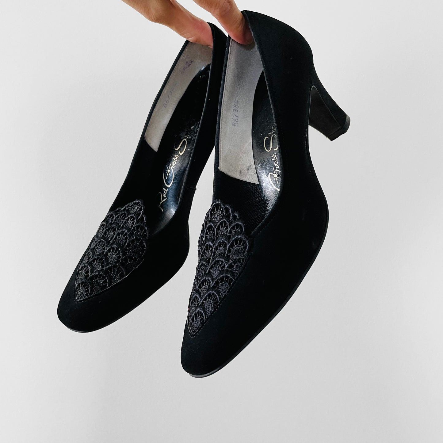 1960s Black Micro-Suede Lace Detailed Slip-On Heels - Sz. 5.5