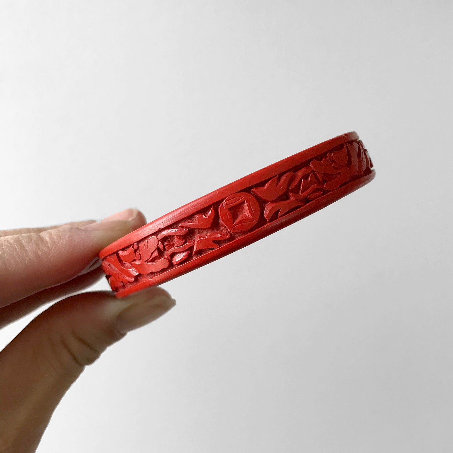 1950s Red Chinese Carved Cinnabar Bangle Bracelet