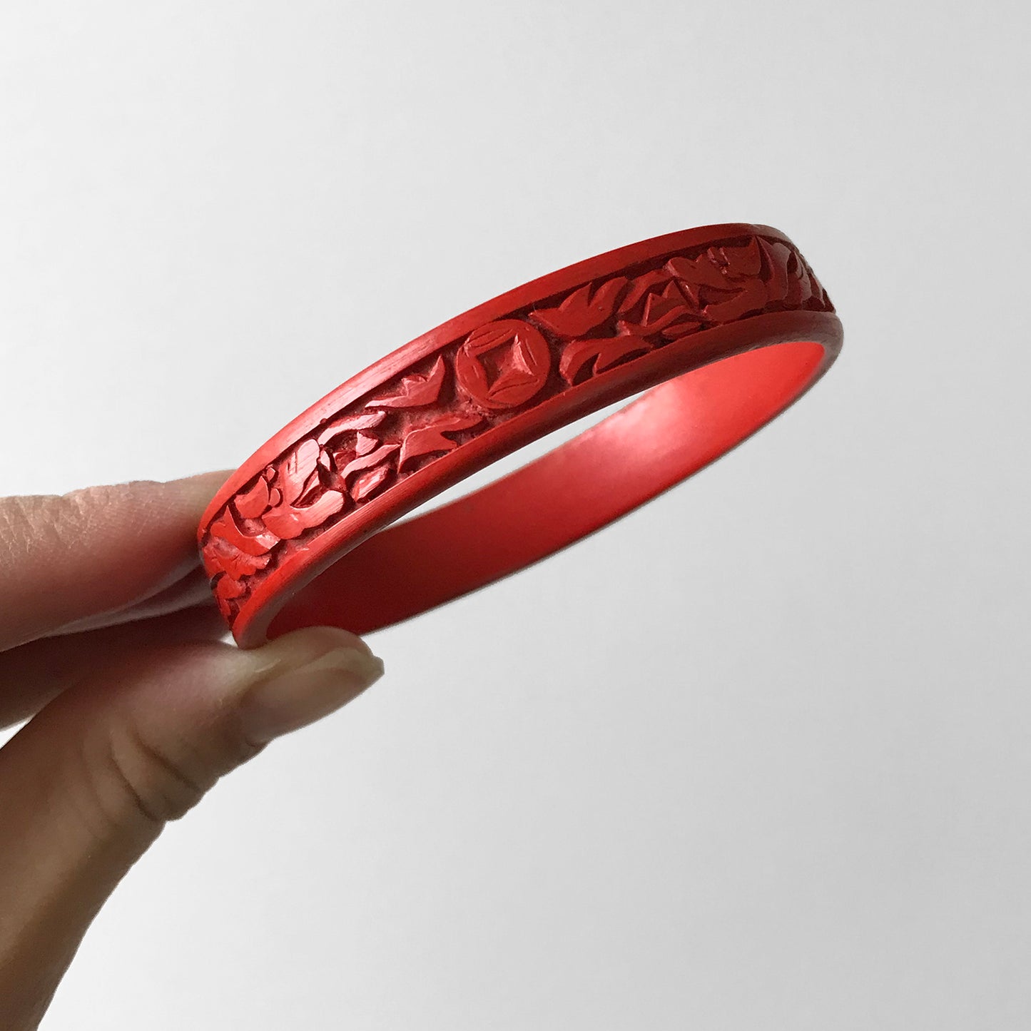 1950s Red Chinese Carved Cinnabar Bangle Bracelet