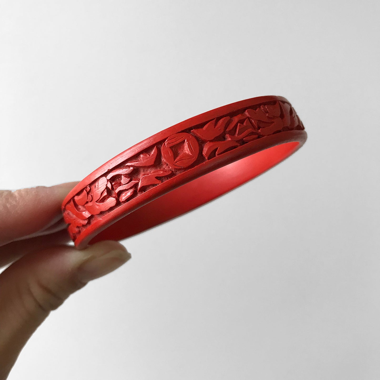 1950s Red Chinese Carved Cinnabar Bangle Bracelet