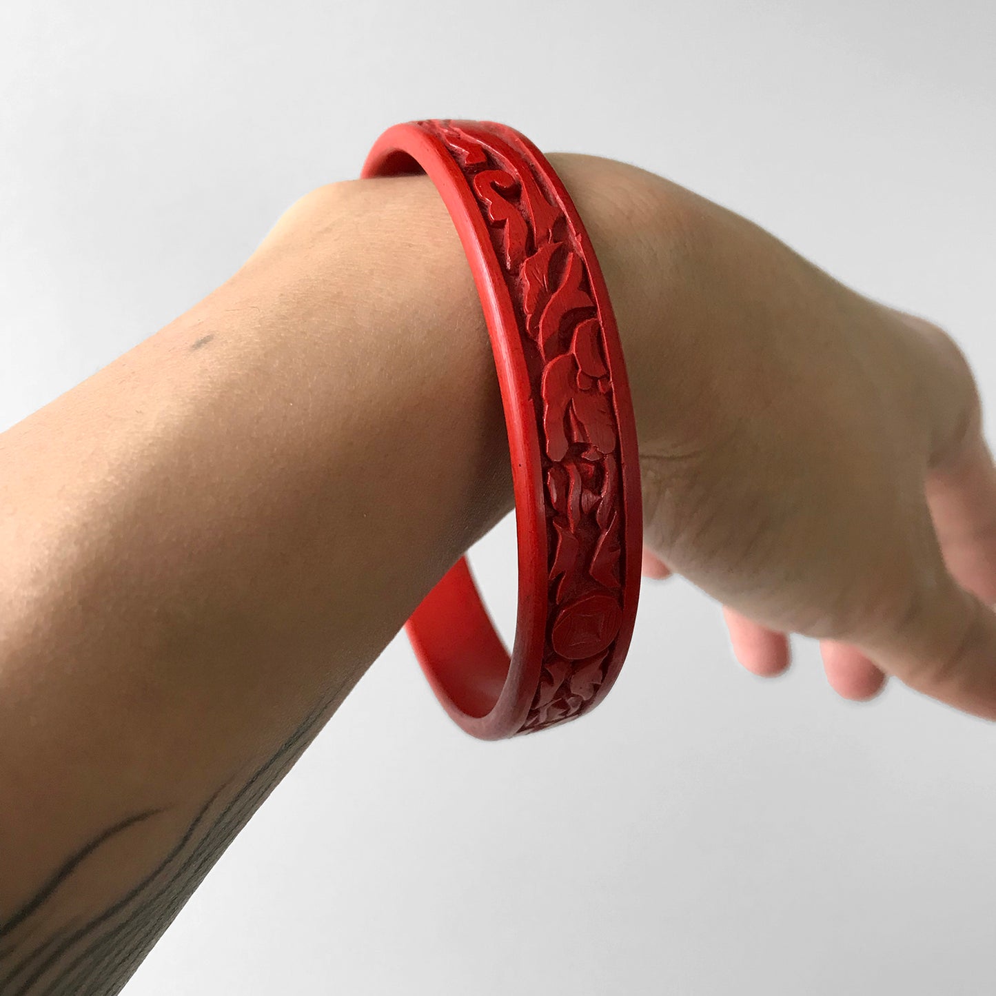 1950s Red Chinese Carved Cinnabar Bangle Bracelet