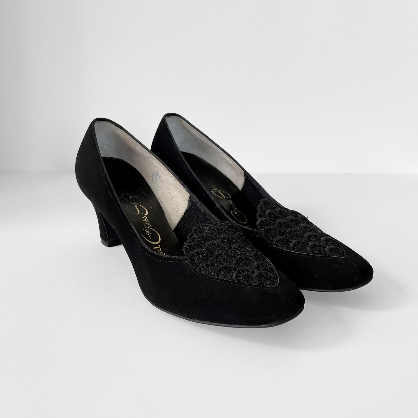 1960s Black Micro-Suede Lace Detailed Slip-On Heels - Sz. 5.5