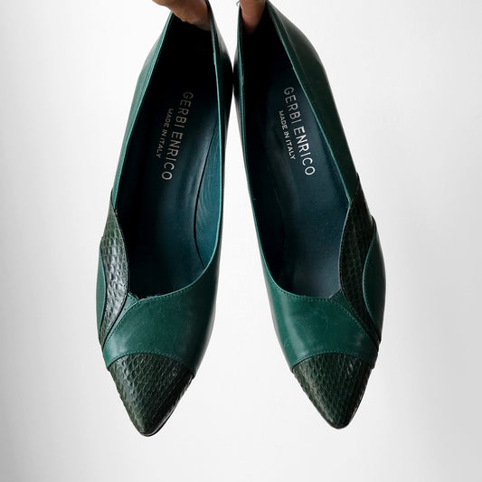 1980s Teal Green Pointed-Toe Slip-On Low-Heeled Shoes