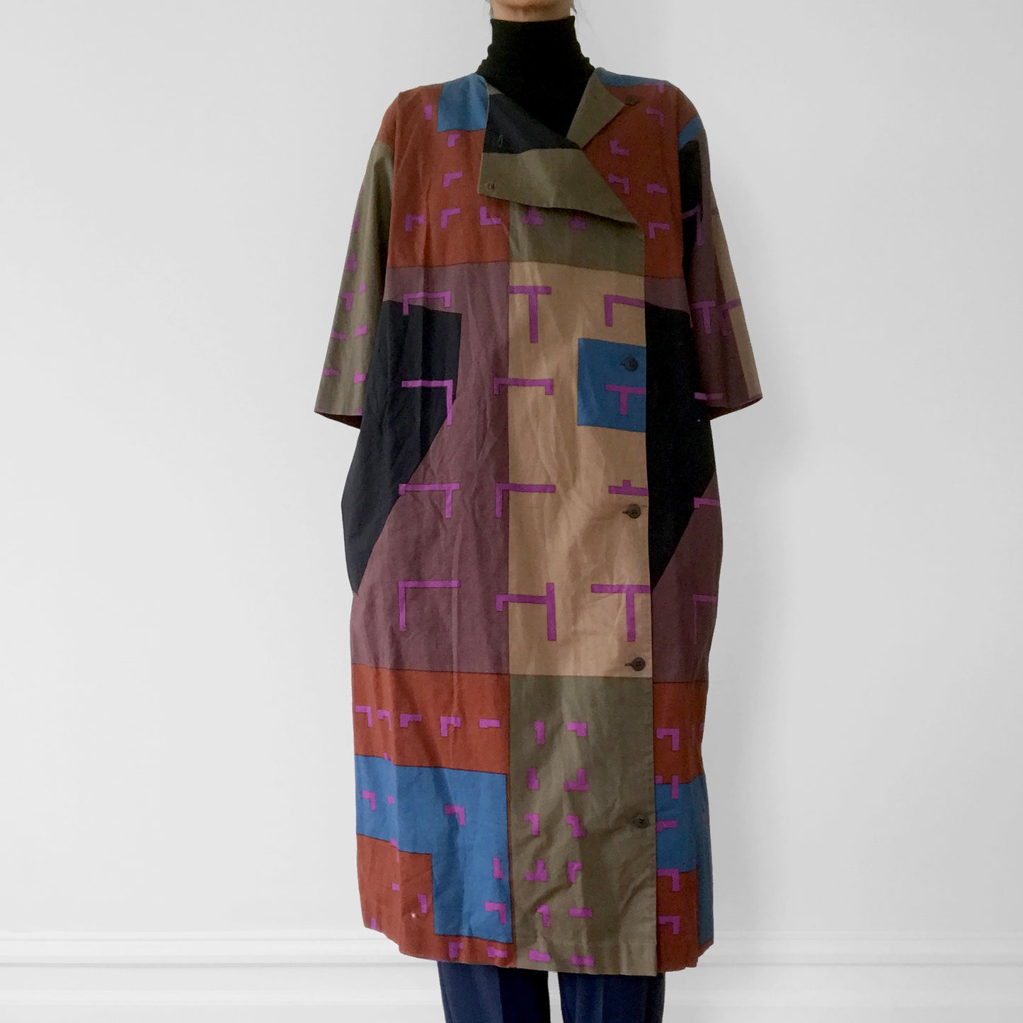 1980s Marimekko Button-Front Made in Finland Patterned Duster Dress